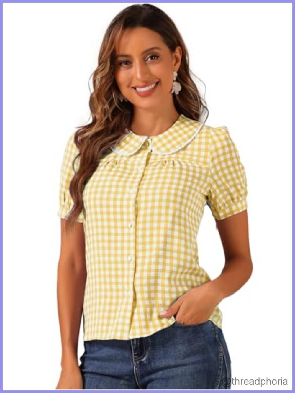 Gingham Button Down Shirt with Peter Pan Collar - Short Sleeve Blouse Womens
